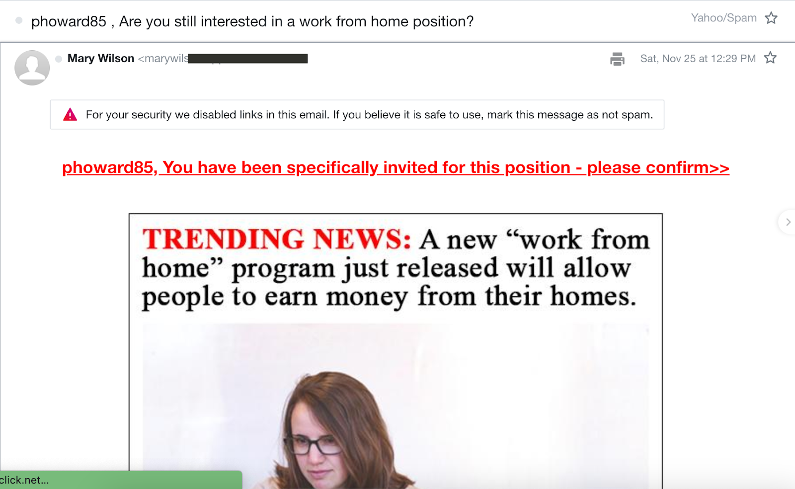 seasonal work holiday scam example via email