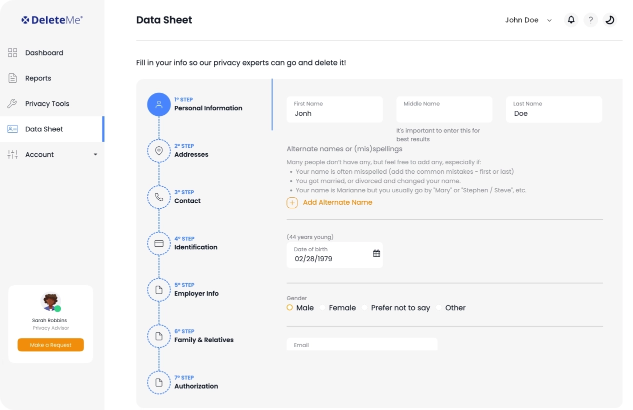 deleteme data sheet