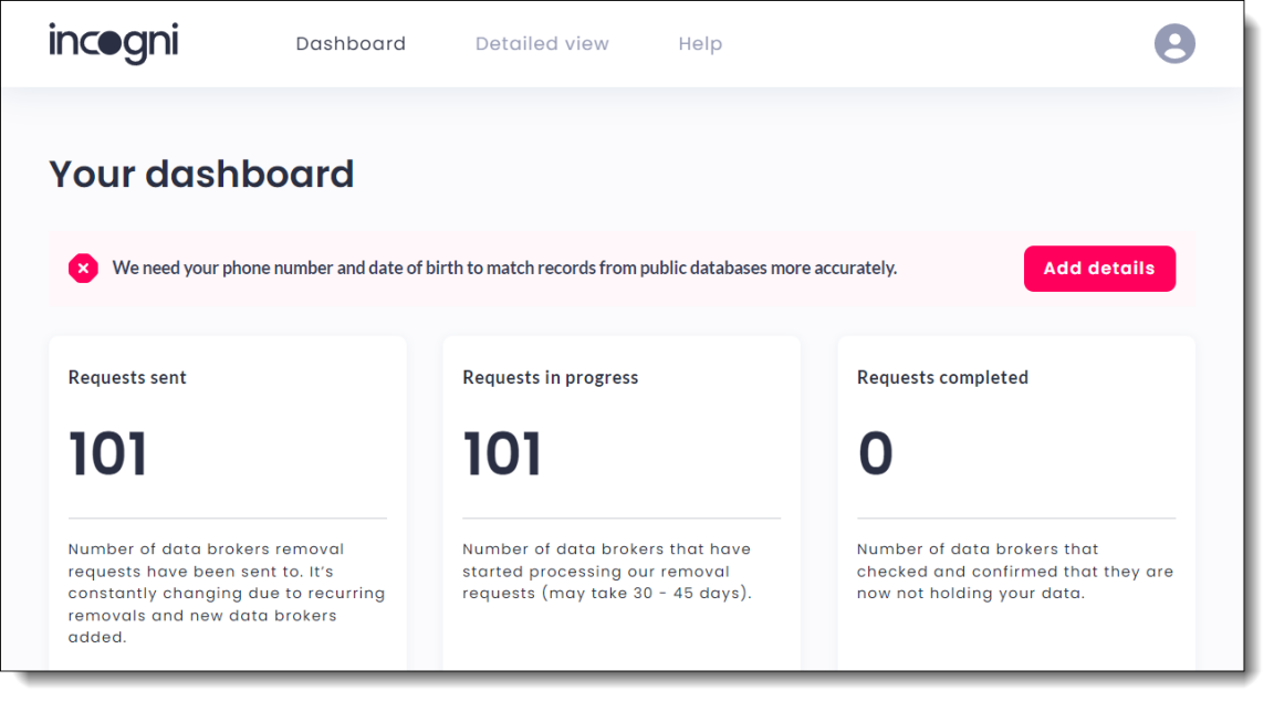 incogni dashboard
