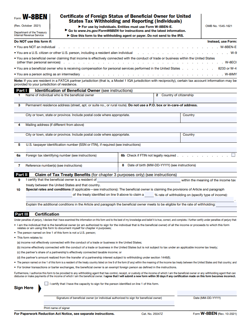 W-8BEN FORM