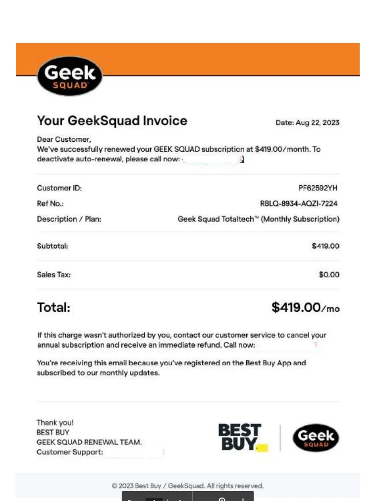 Geek Squad renewal scam example