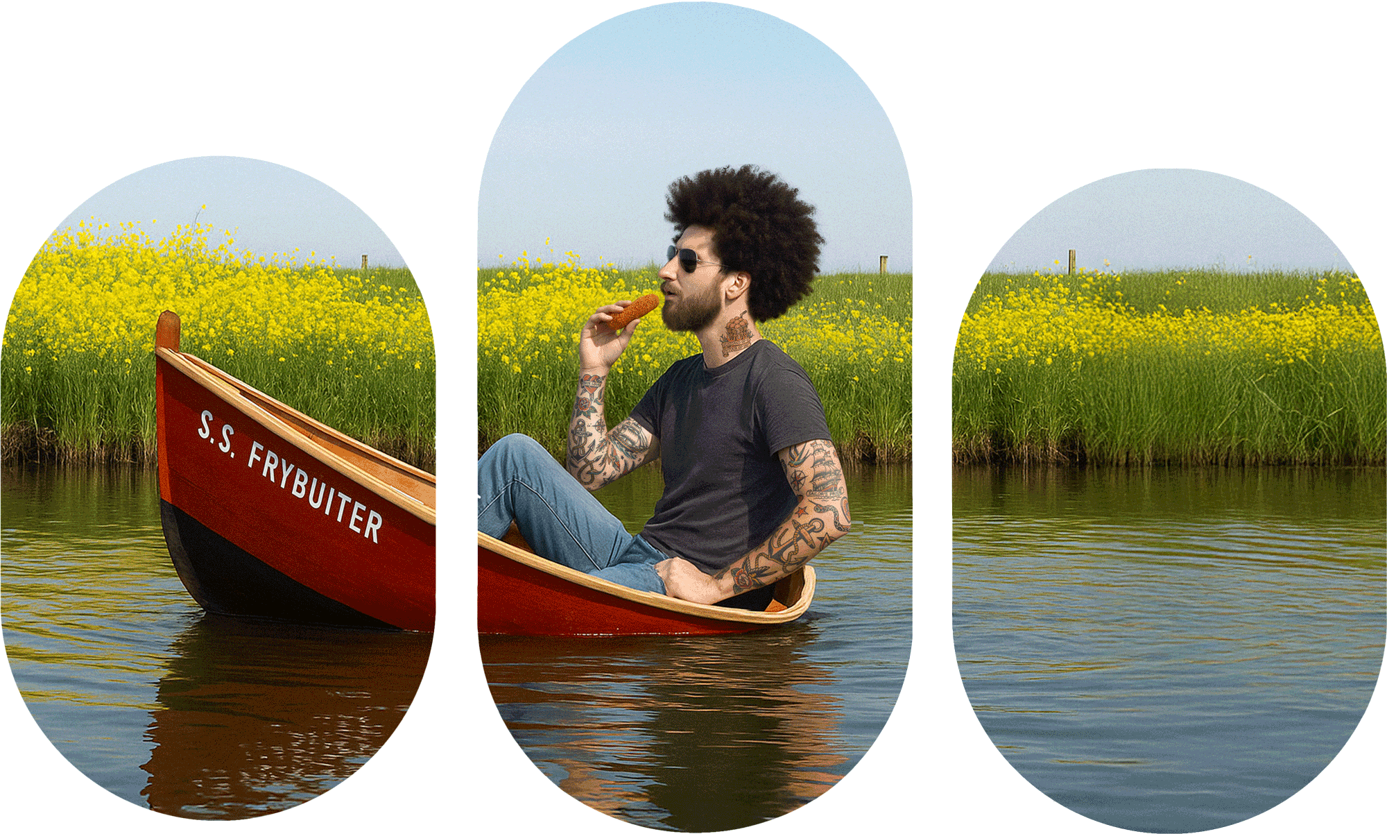 Tattooed man with afro and sunglasses sitting in a red boat named S.S. Frybuiter, eating a kroket (fried snack) on a calm river in the Dutch polder.