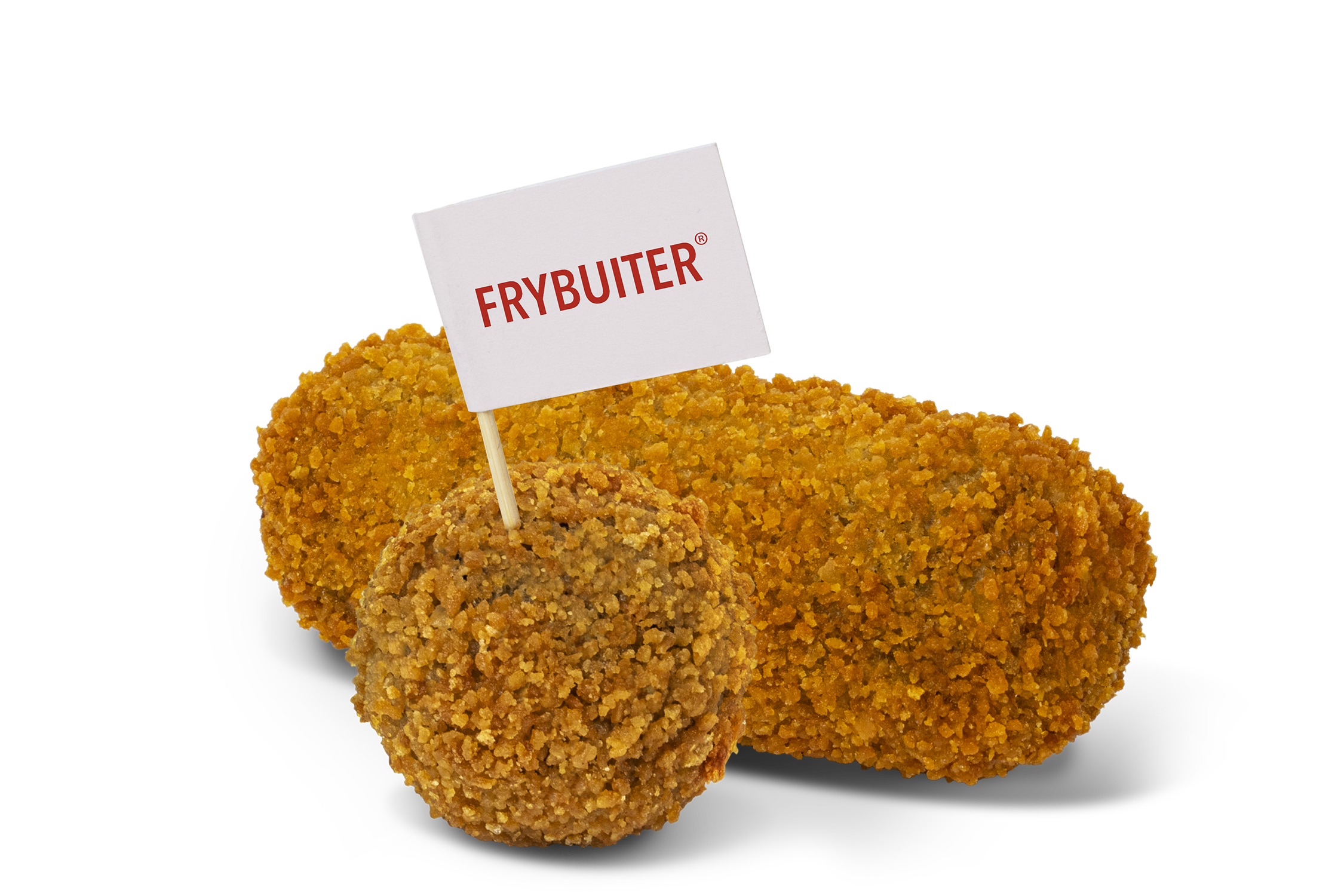 A golden-brown breaded beef croquette and bitterbal, one with a red flag. 