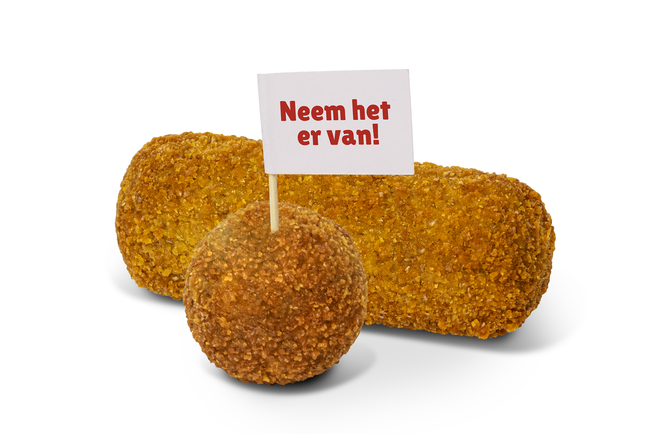 A golden-brown breaded veal croquette and bitterbal, one with a red flag. 