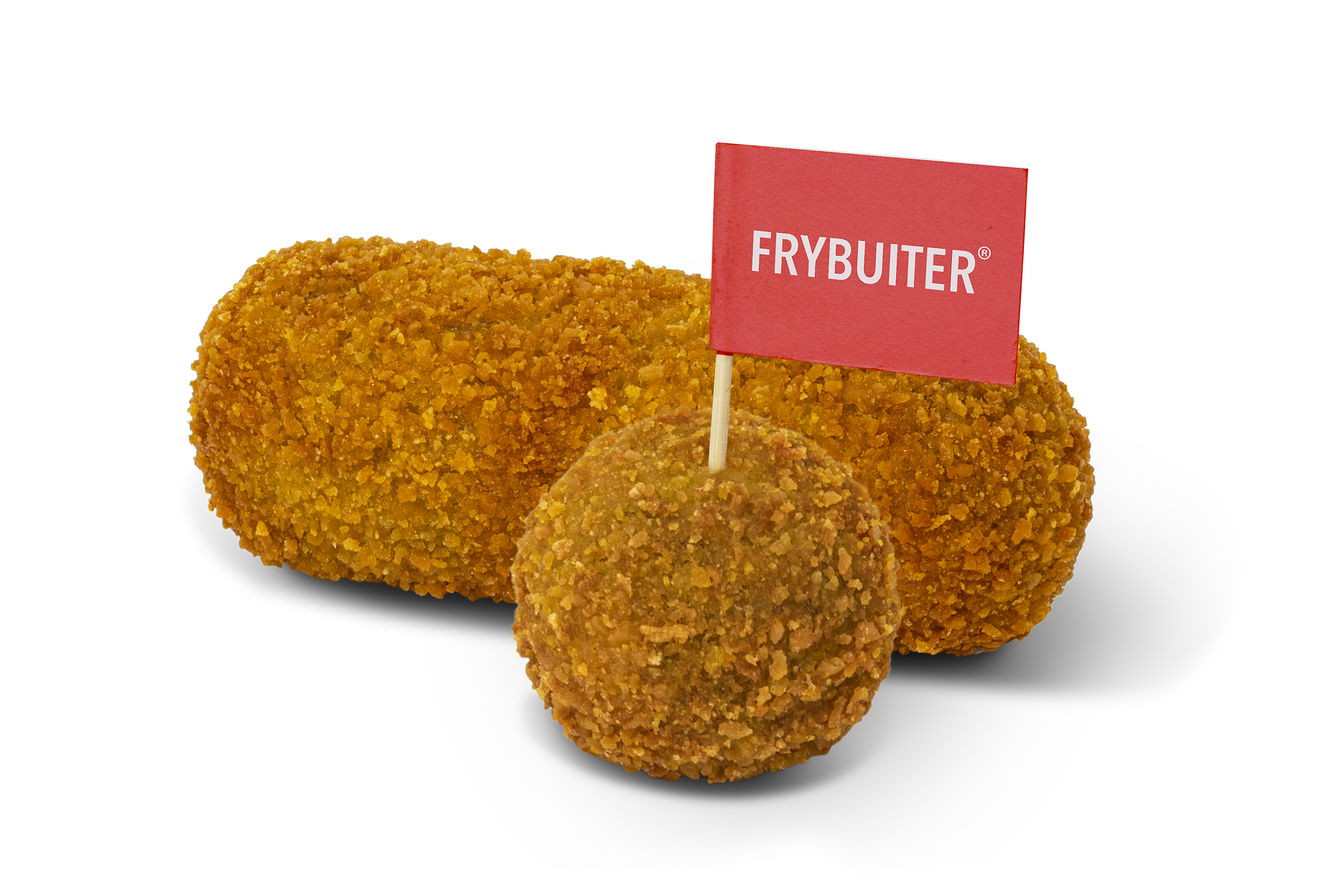 A golden-brown breaded chicken croquette and bitterbal, one with a red flag. 