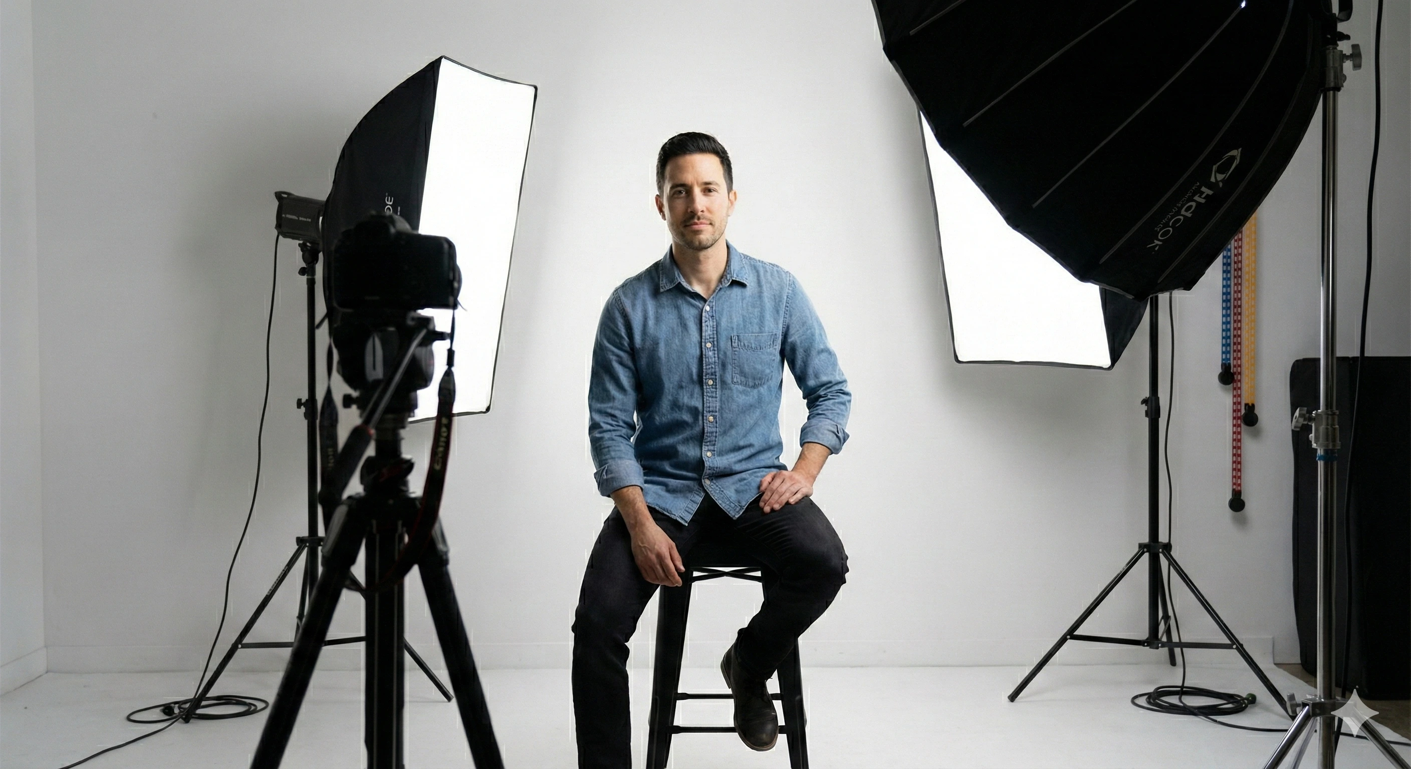 Mand sidder på en stol iført blå skjorte og sorte bukser i et fotostudie med to store bløde lys og et kamera på stativ foran.