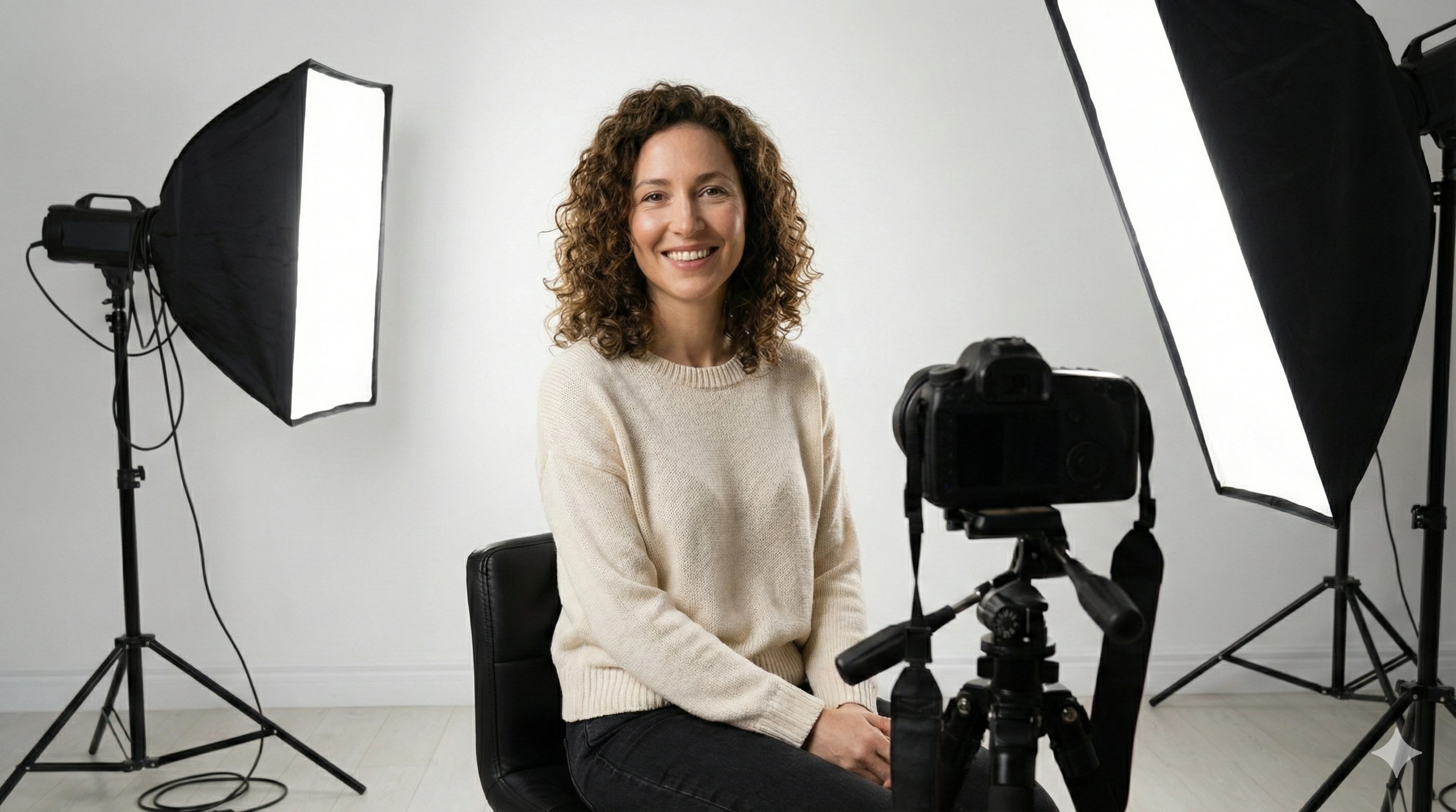 Kvinde med krøllet hår smilende foran kamera i fotostudie med to bløde bokse lys.