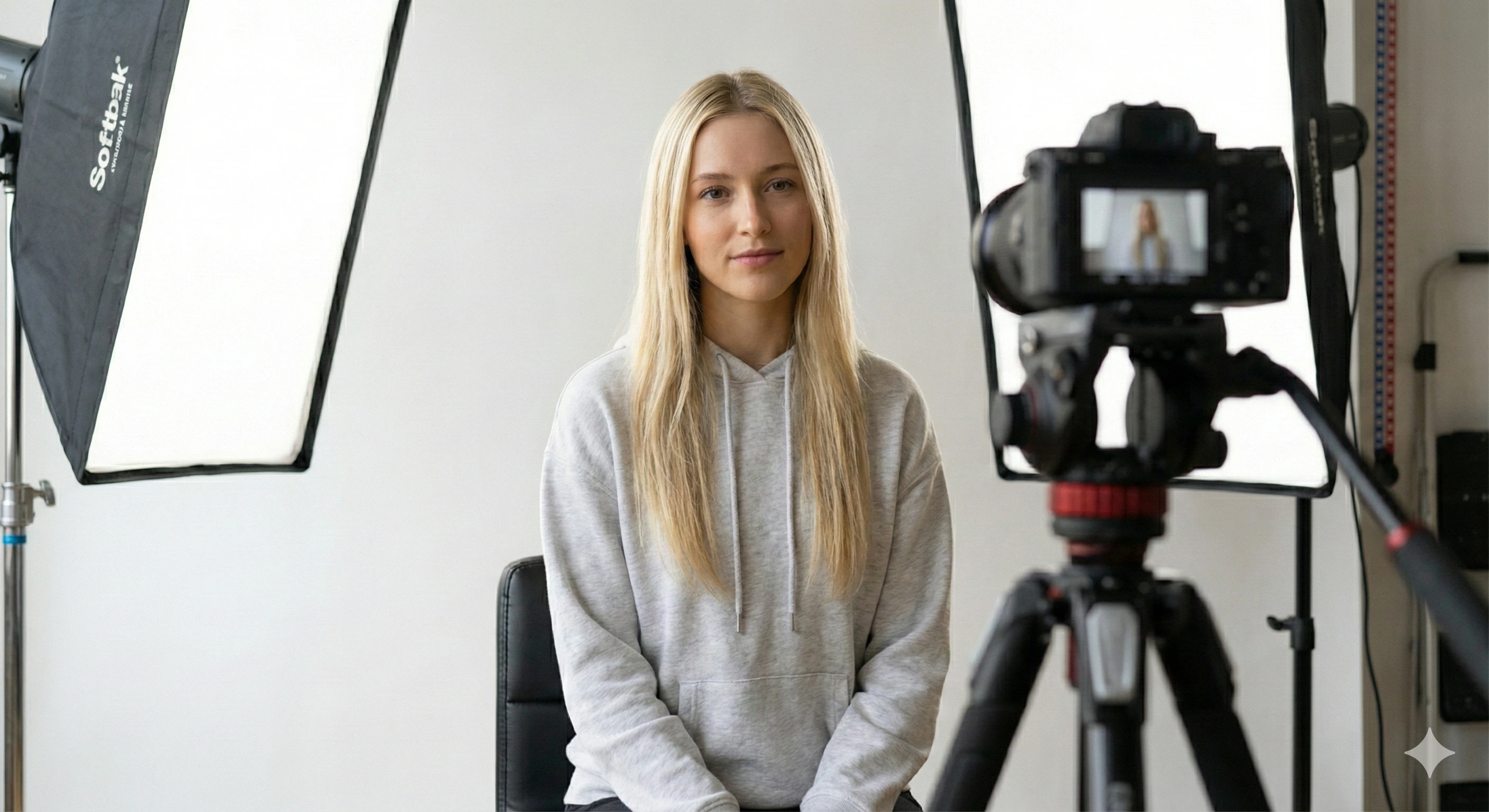 En ung kvinde i grå hættetrøje sidder foran et kamera og to bløde bokse i et fotostudie.