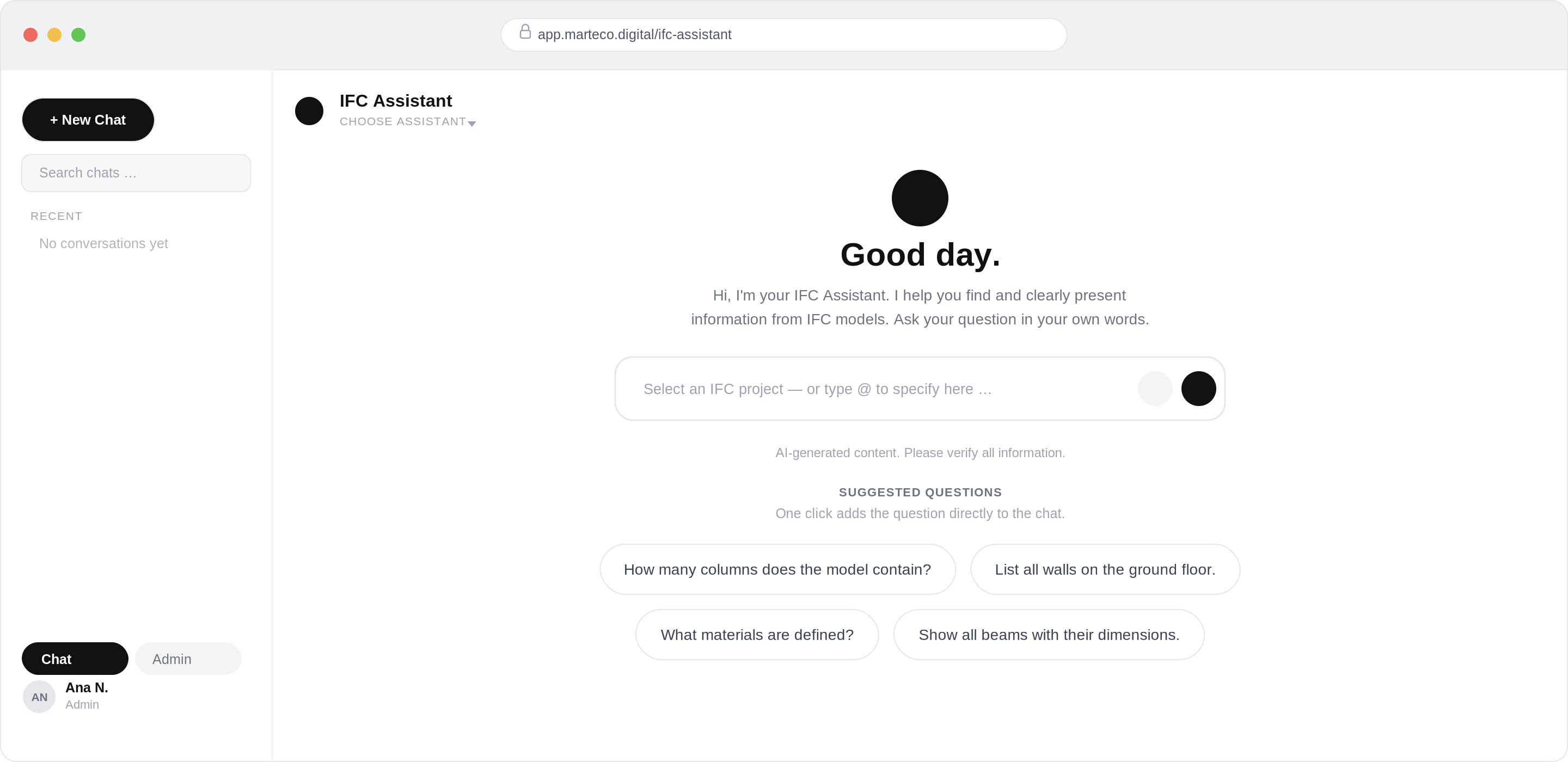 AI IFC Asistent - chat interfejs