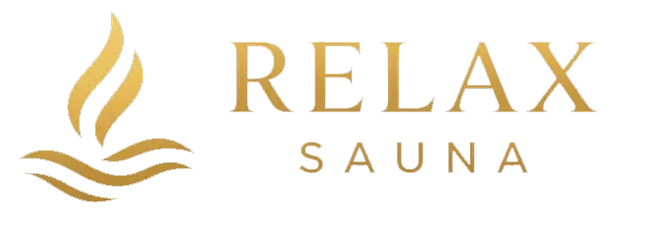 Relax Sauna logo with stylized gold steam and waves.
