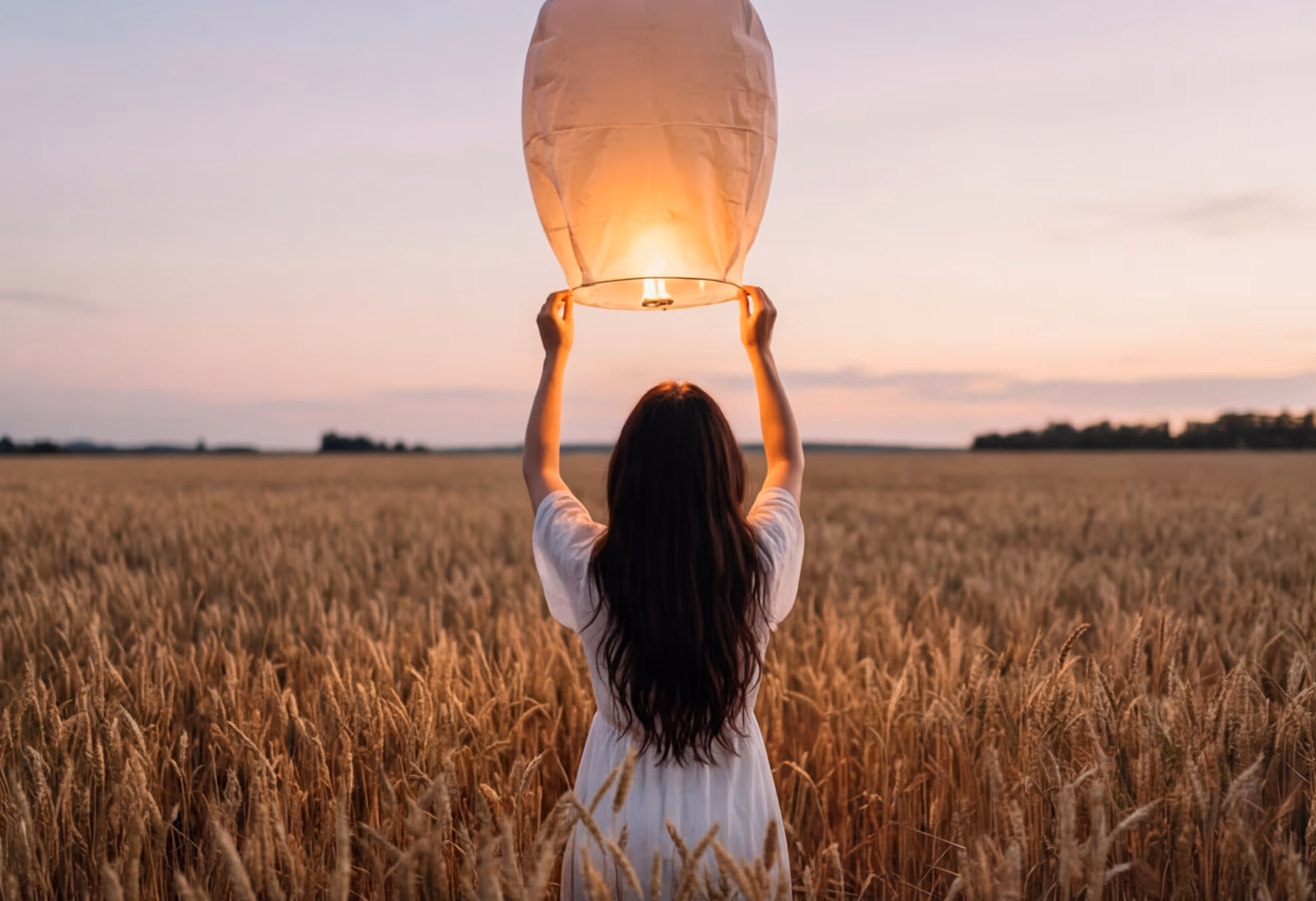Woman in white dress releasing a lit sky lantern in a wheat field at sunset.