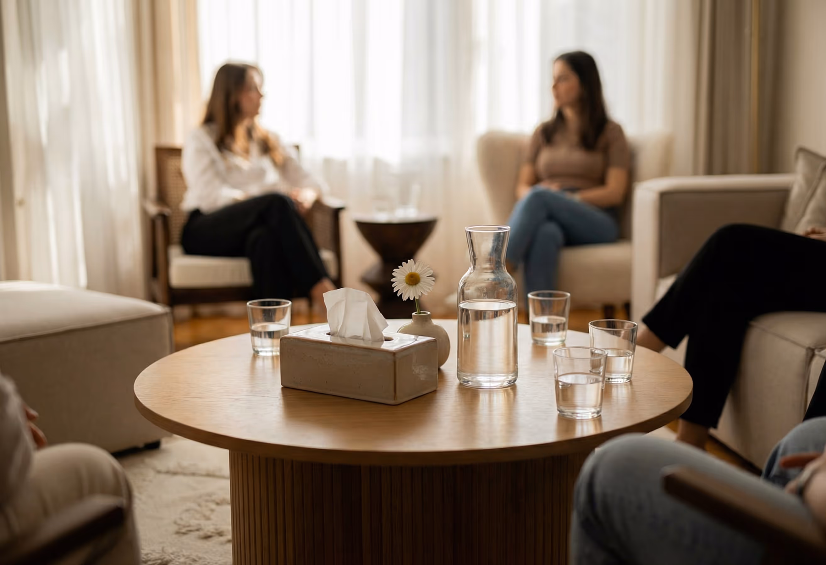 Round wooden table with a tissue box, a small vase with a daisy, a carafe of water, and several glasses filled with water in a softly lit room where four people sit on chairs and sofas.
