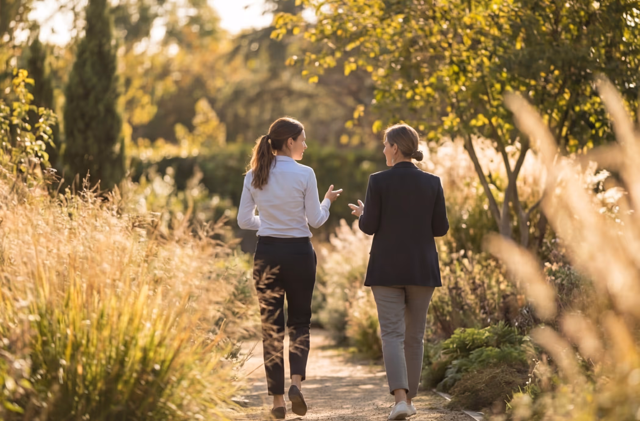 Two women walking and talking on a sunlit garden path surrounded by tall grasses and trees.