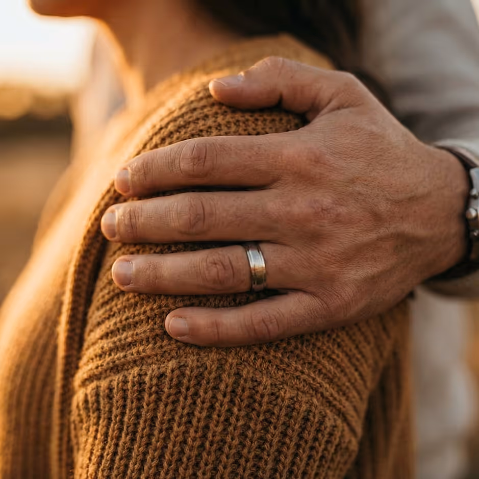 Close-up of a man's hand with a silver ring resting on a woman's shoulder wearing a brown knit sweater.