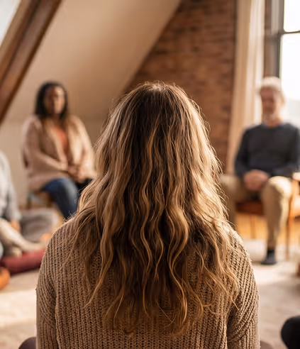 Group therapy session with four people sitting in a circle, focus on the back of a woman with long wavy hair wearing a brown sweater.
