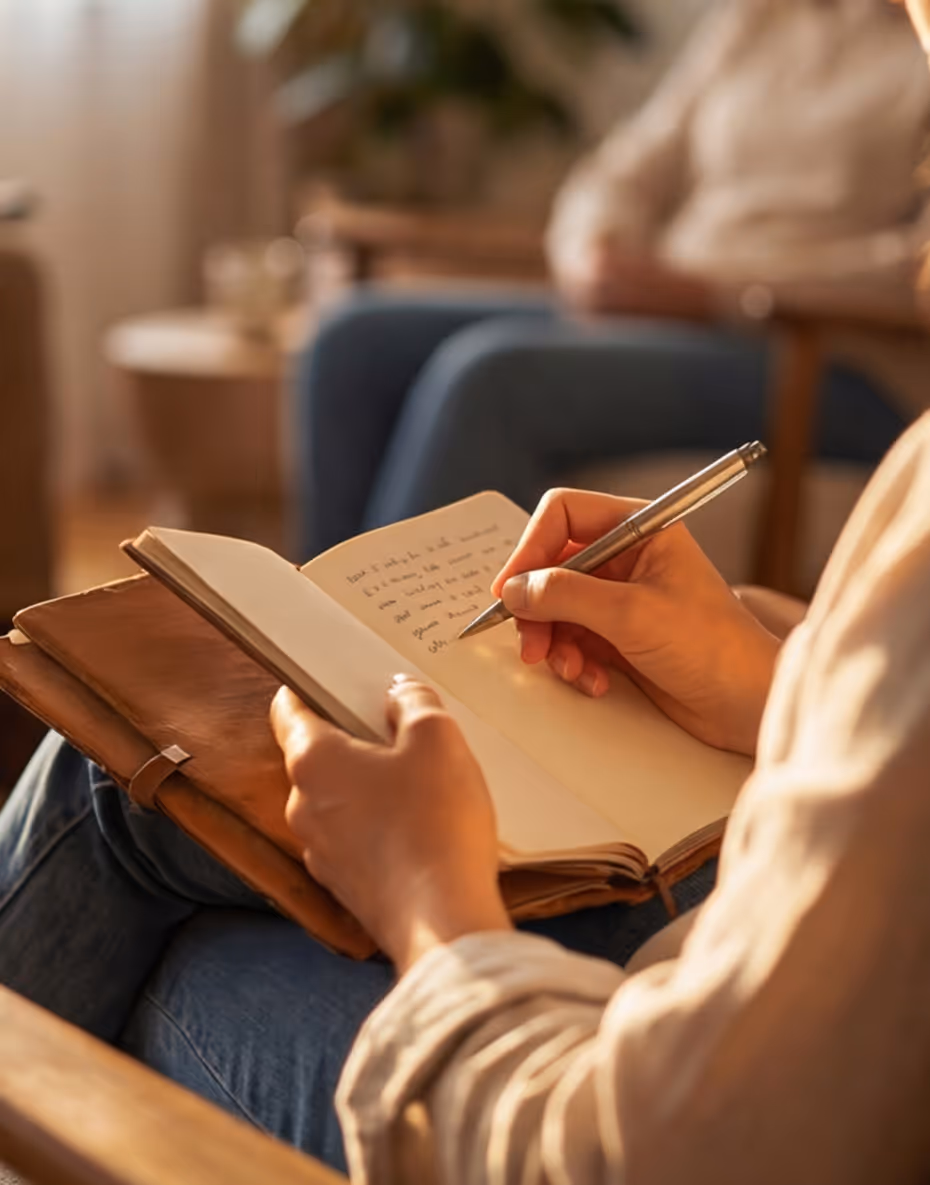 Person writing in a notebook with a pen while sitting cross-legged in a cozy indoor setting.