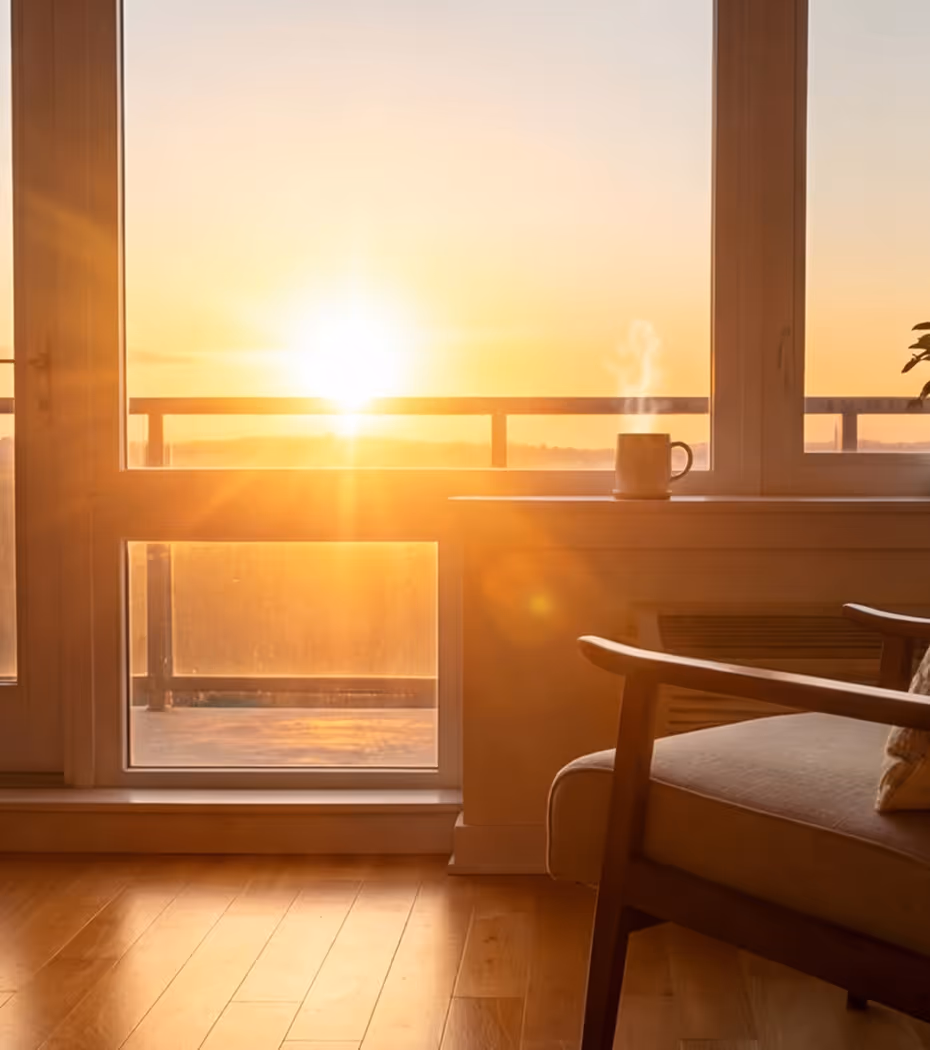 Sunrise view through a window with a steaming cup on the windowsill and a cushioned wooden chair nearby.