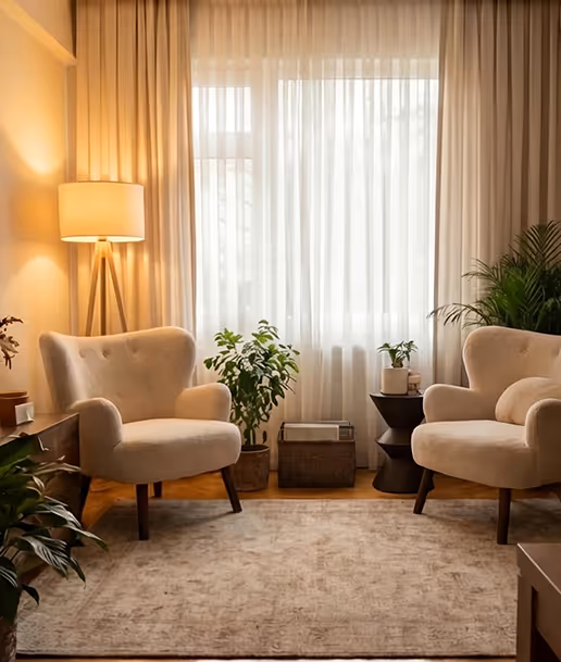 Cozy living room with two beige armchairs, a floor lamp, plants, and sheer curtains over a window.