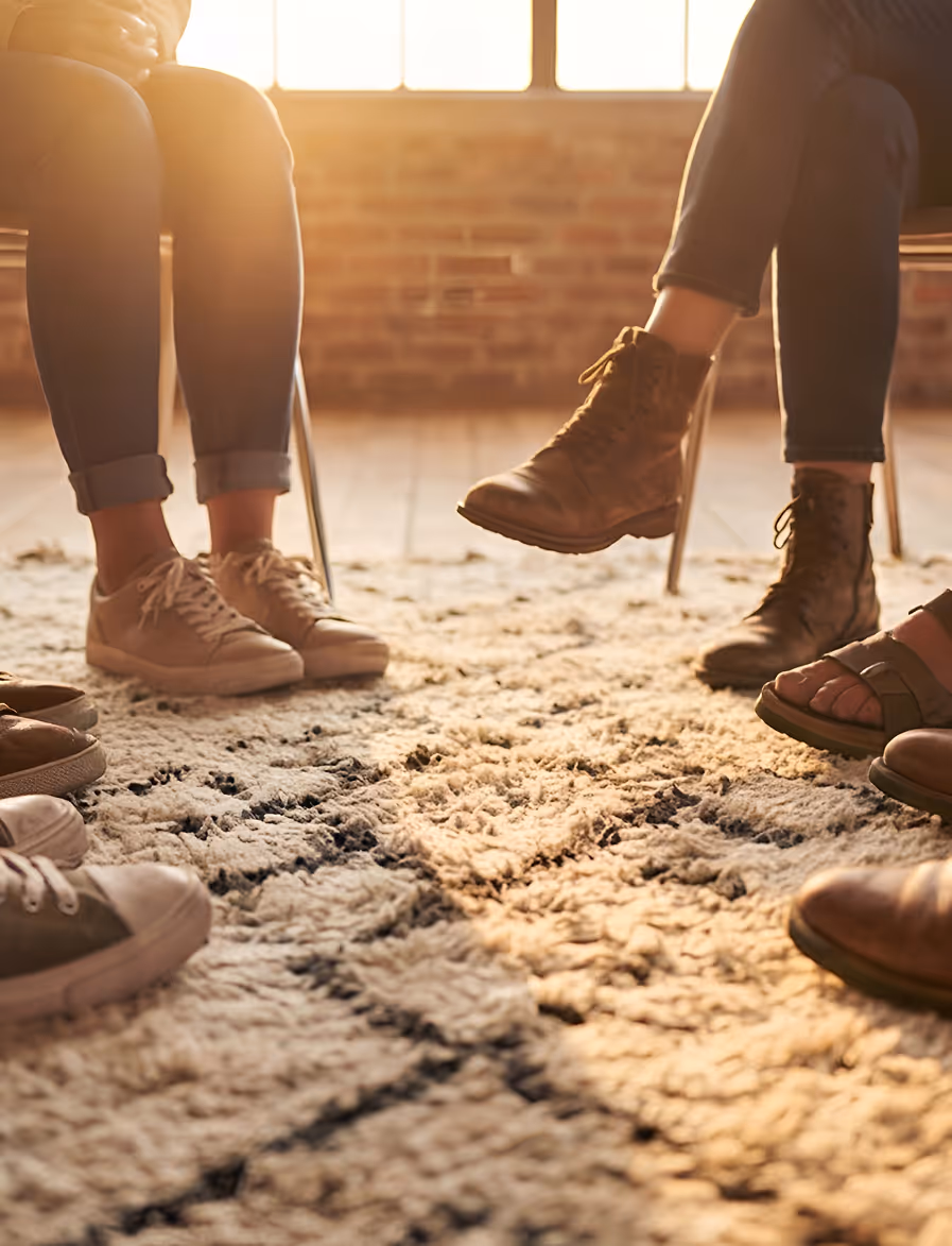 Close-up of five different pairs of shoes worn by people sitting in a circle on a patterned rug with sunlight coming through the window.