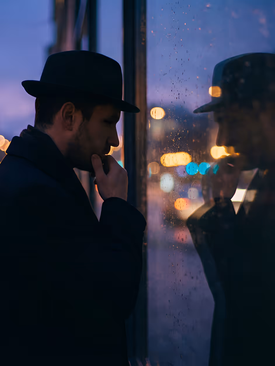 Man wearing a hat looking pensively at a rain-speckled window reflecting city lights at dusk.