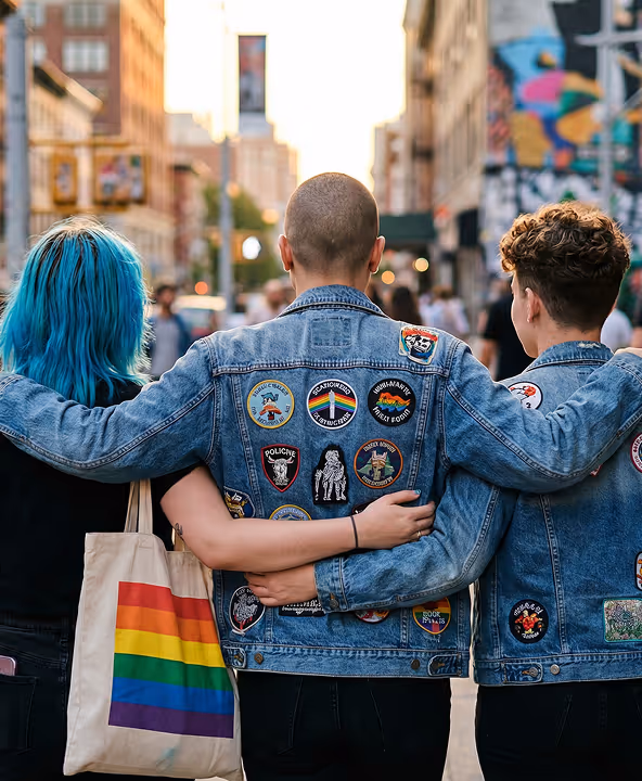 Three people embracing on a city street, wearing denim jackets with patches; one holds a tote bag with a rainbow pride flag.