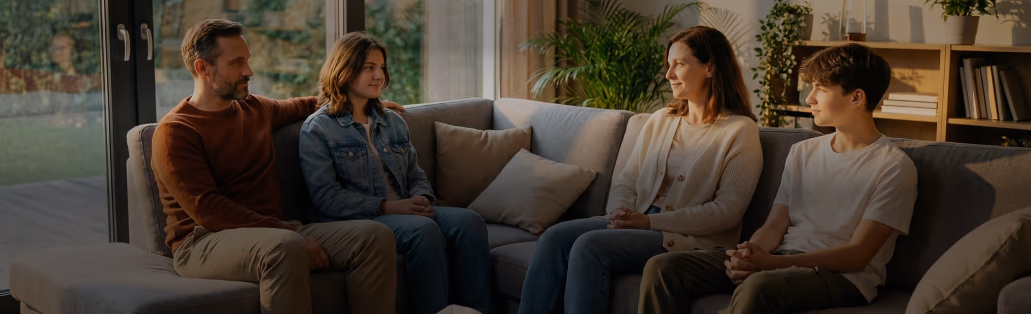 Family of four sitting on a couch in a warmly lit living room, engaged in conversation.