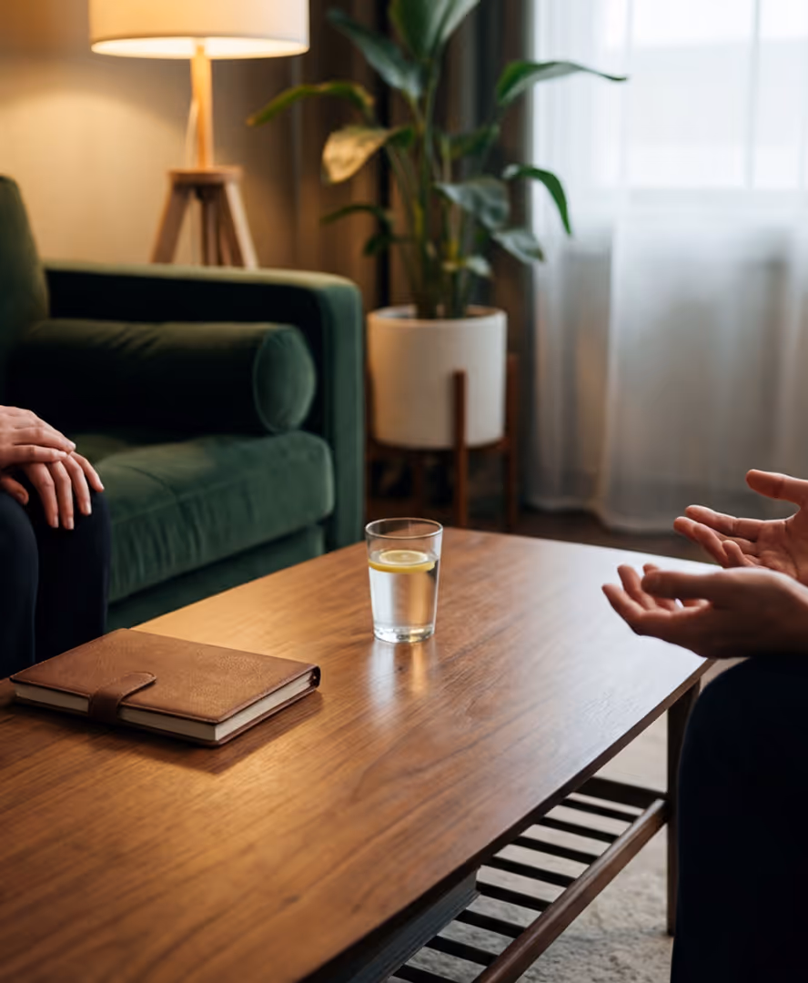 Two people sitting across from each other with a wooden table between them, holding a conversation in a cozy living room setting.