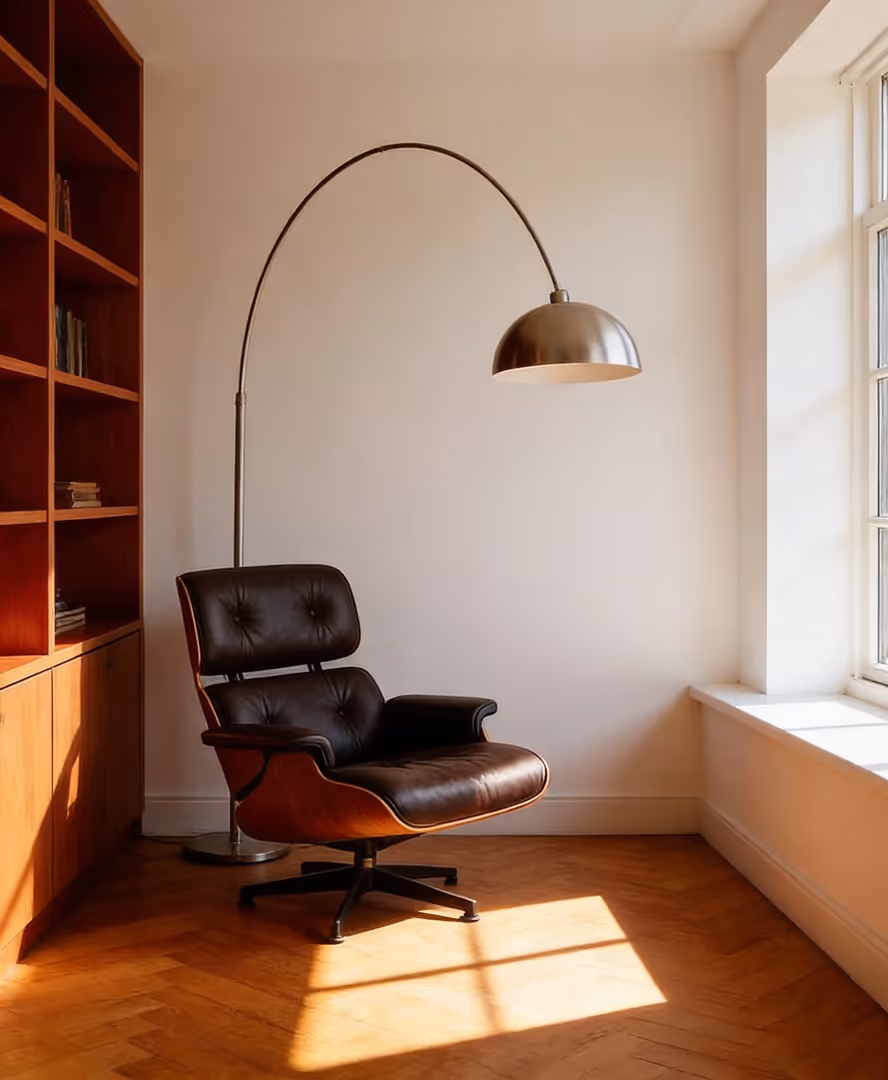 Black leather armchair with wooden frame next to a tall arc floor lamp and a window in a sunlit room with wooden floors and a built-in bookshelf.