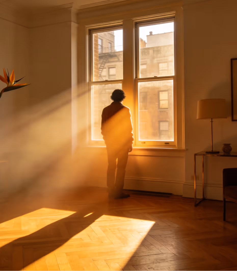 Person standing in a sunlit room looking out of a large window with sunlight casting long shadows on the wooden floor.