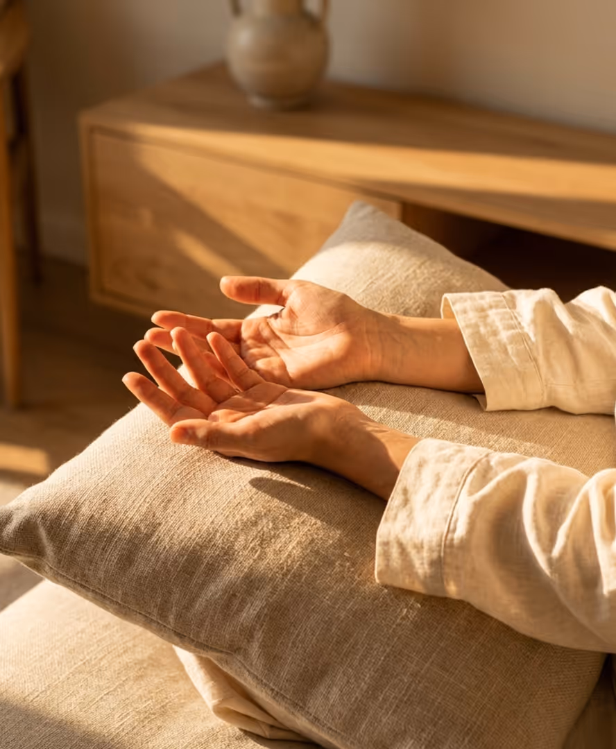 Two open hands resting on a beige cushion with natural sunlight casting soft shadows.