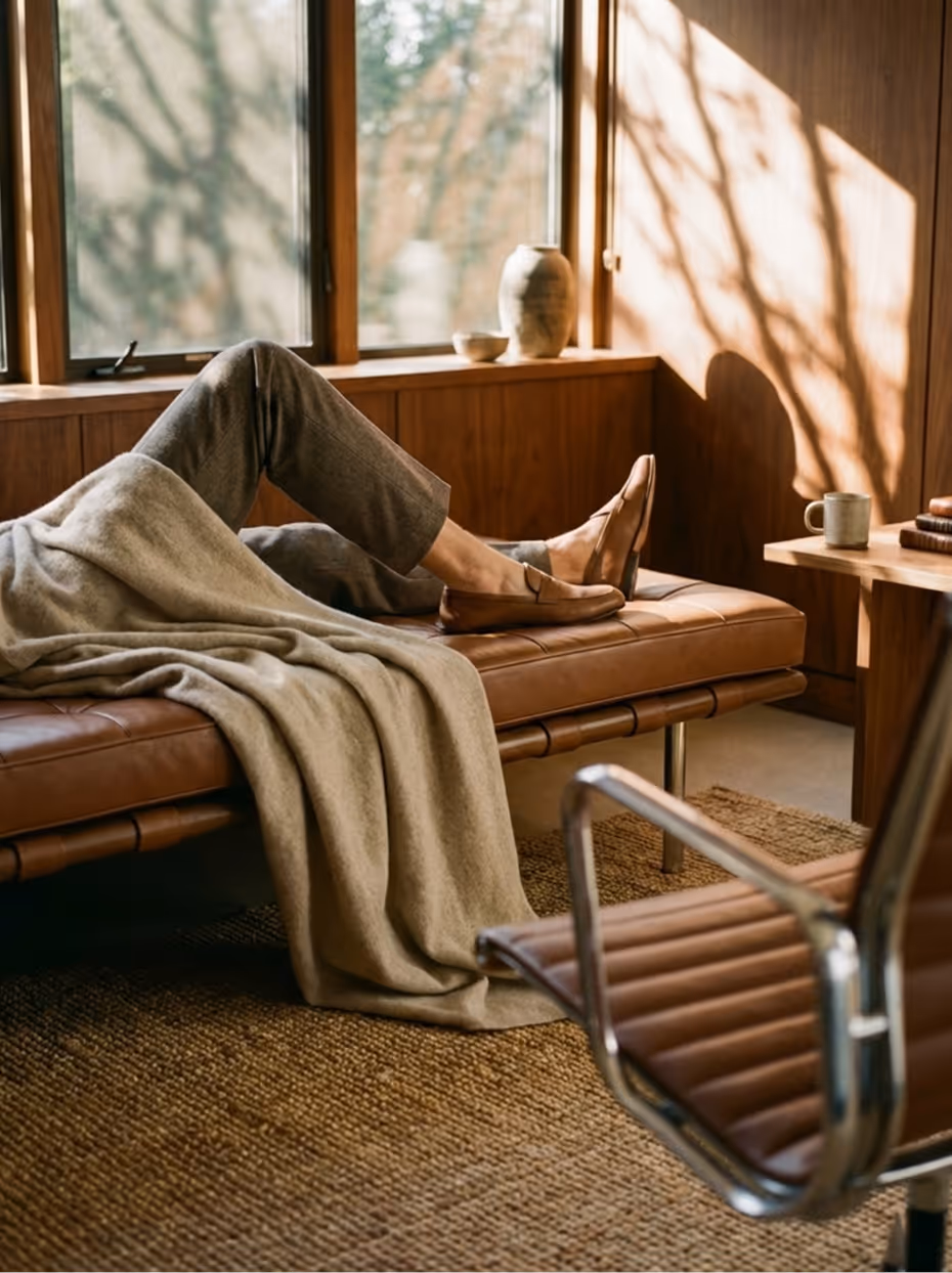 Person reclining on a brown leather bench in a sunlit room with wooden paneling and large windows, wearing brown shoes and gray pants.