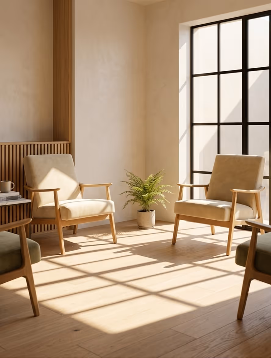 Sunlit room with wooden floor, beige armchairs, a small green potted plant, and a large window casting shadows.