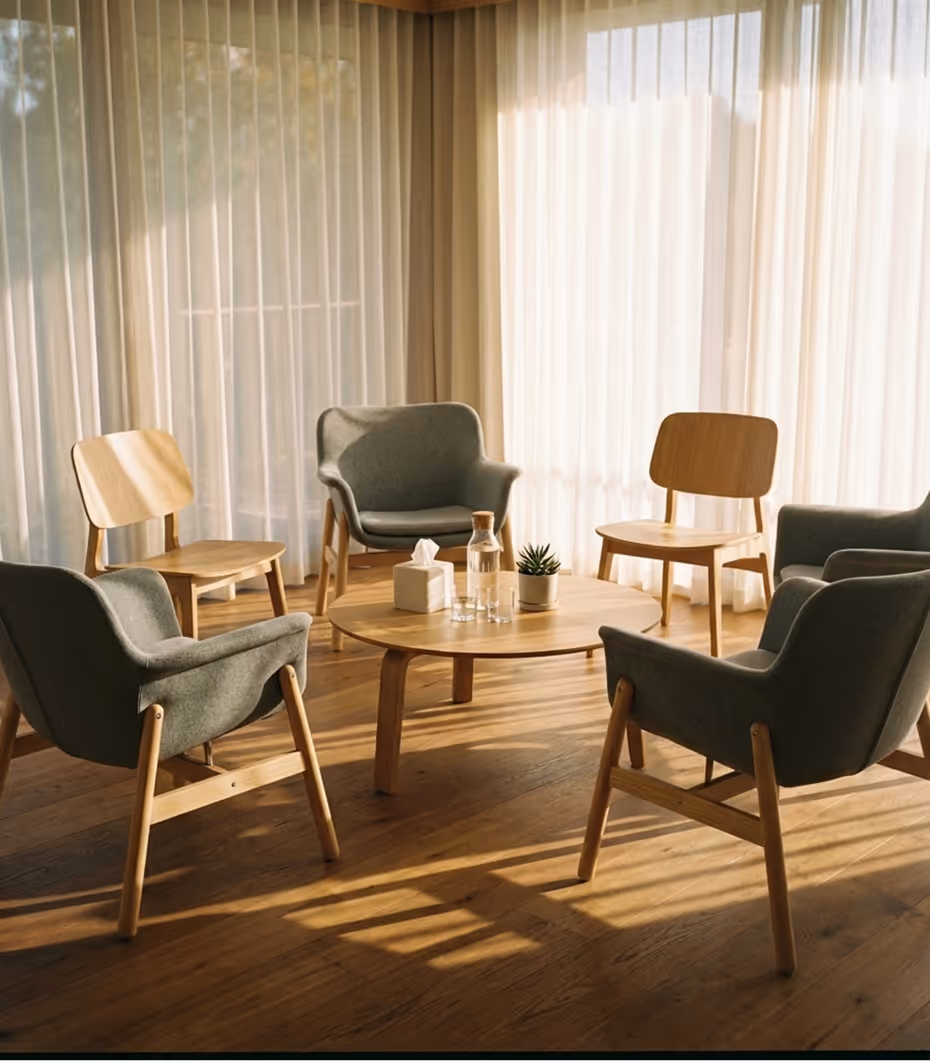 Minimalist seating area with four modern chairs and a round wooden table holding a tissue box, glass bottle, two glasses, and a small plant.