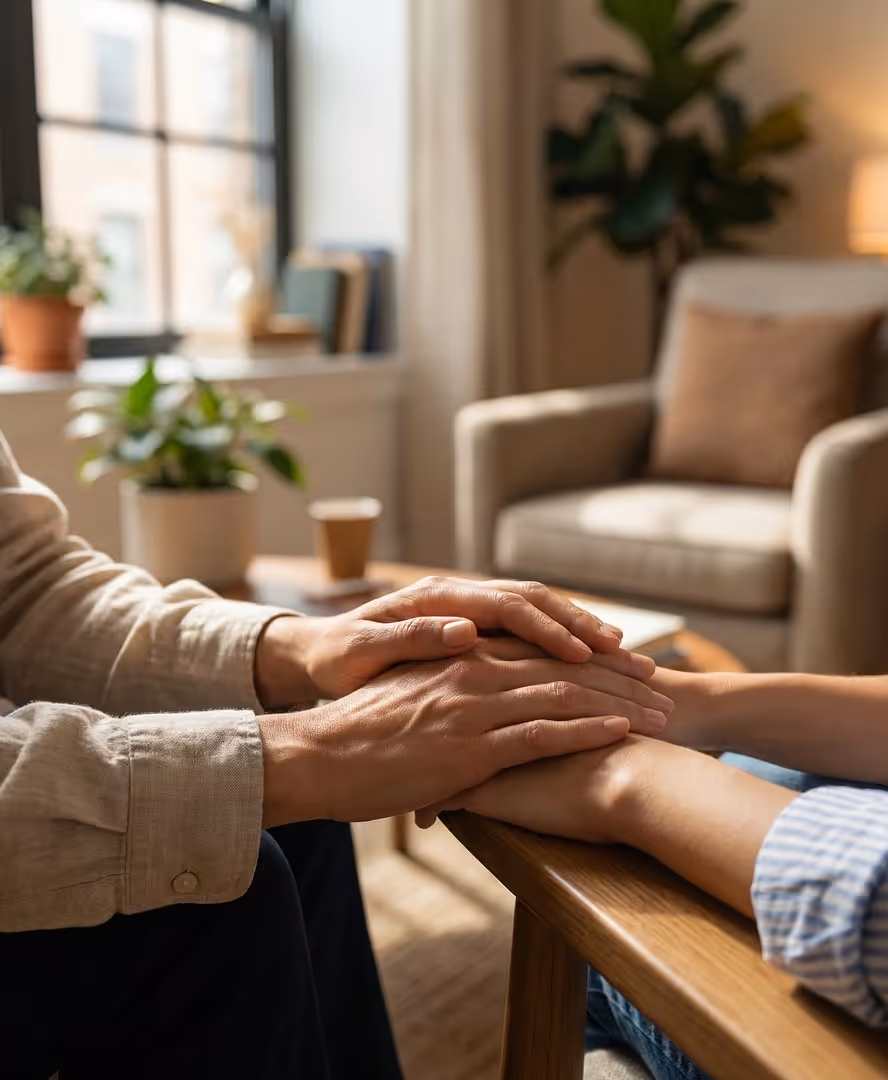 Two people sitting at a wooden table, one placing hands gently over the other's hands in a comforting gesture.