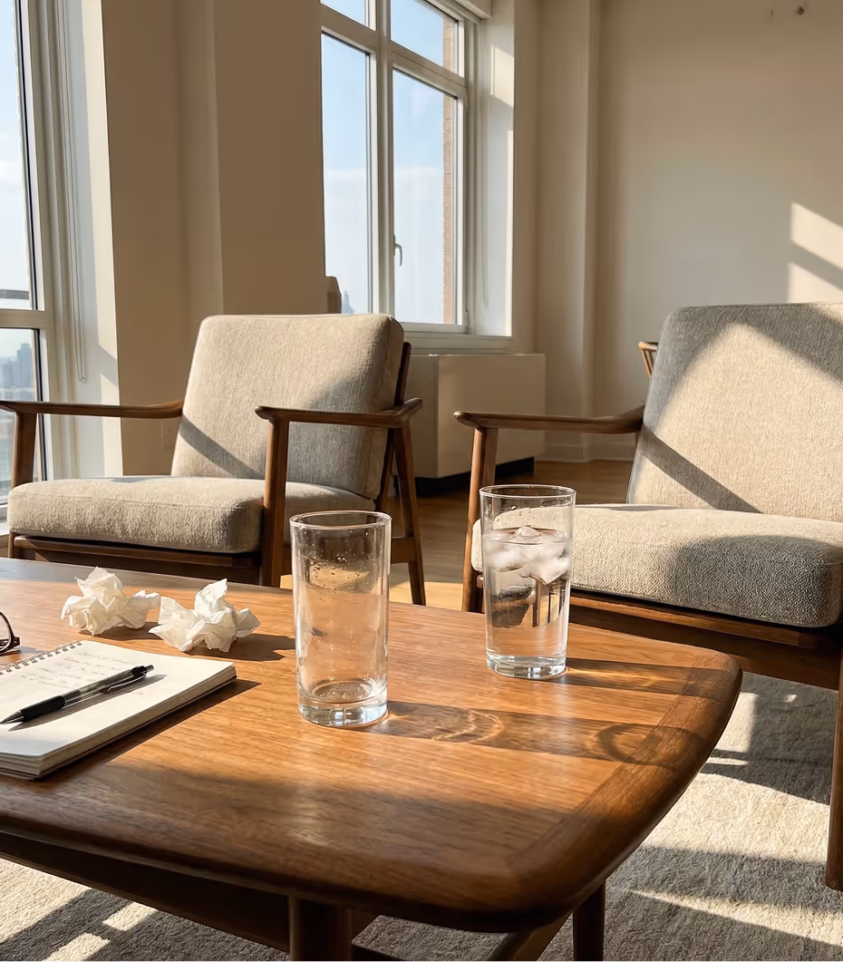 Two beige armchairs around a wooden coffee table with two glasses, a notebook, a pen, and crumpled tissues in a sunlit room with large windows.