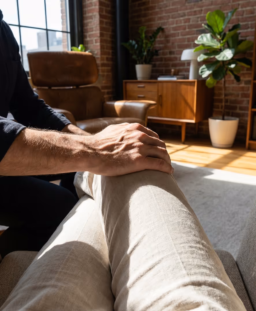 Person gently placing hand on another person's knee in a sunlit room with mid-century furniture and plants.