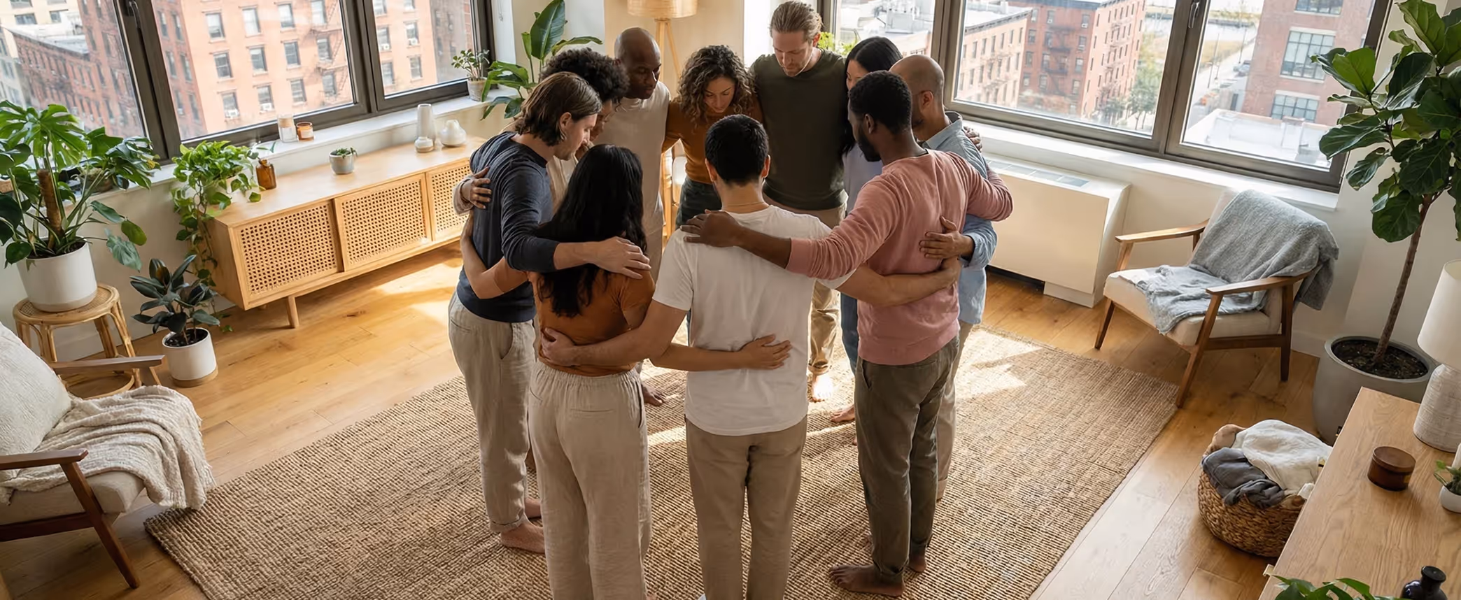 Group of diverse people standing in a circle with arms around each other in a bright, plant-filled room with large windows.