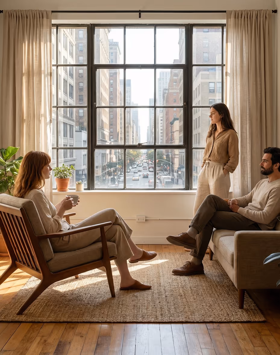 Three adults in a light-filled room with large window overlooking a city street, engaged in conversation, two seated and one standing.