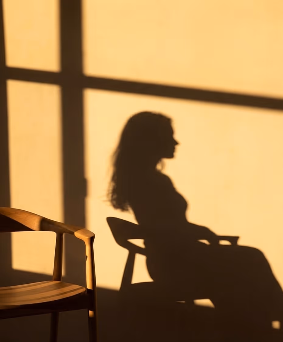 Shadow of a woman with long hair sitting on a chair cast on a wall next to a wooden chair.