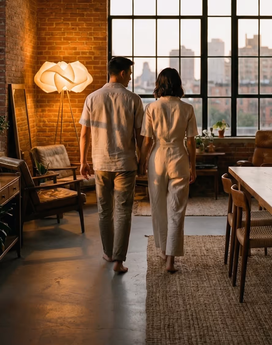 Couple holding hands walking barefoot in a cozy modern living room with large window view of city buildings.