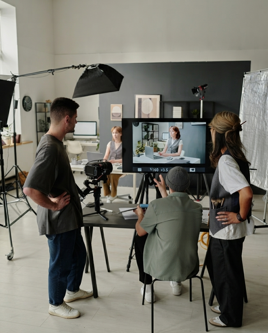 A film crew and director reviewing a scene on a monitor in a bright studio