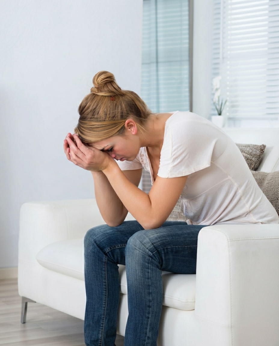 A woman sitting on a white sofa with her head in her hands, visibly exhausted