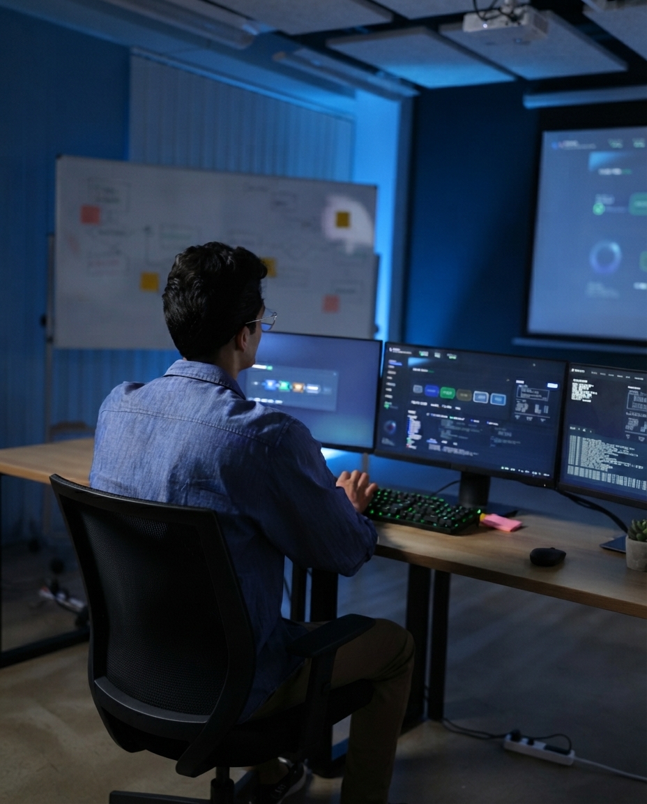 A software developer working late at a desk with multiple monitors in a dim blue-lit office