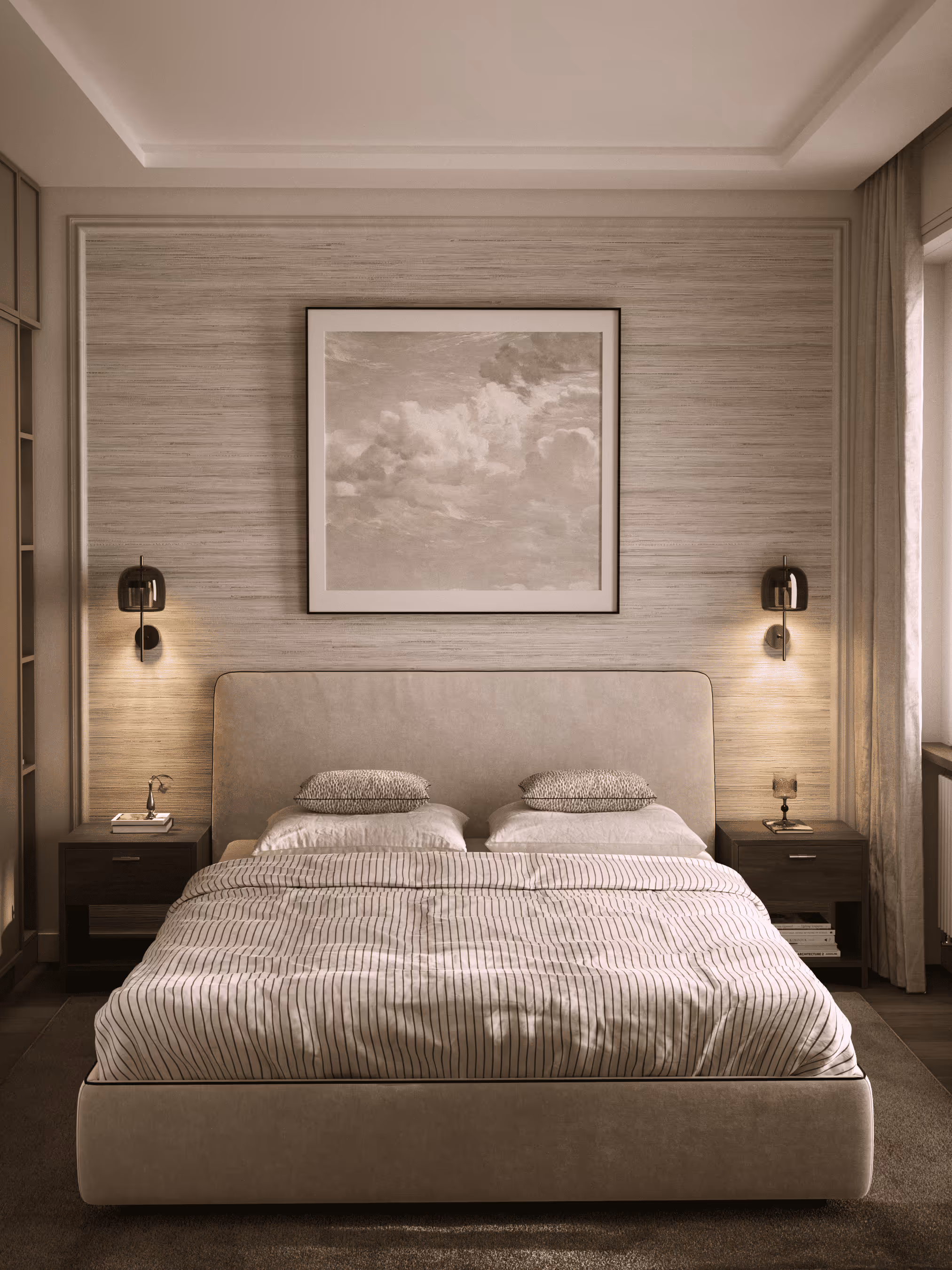 Minimalist bedroom with a beige upholstered bed, striped bedding, two bedside tables, wall lamps, and a framed cloud painting.