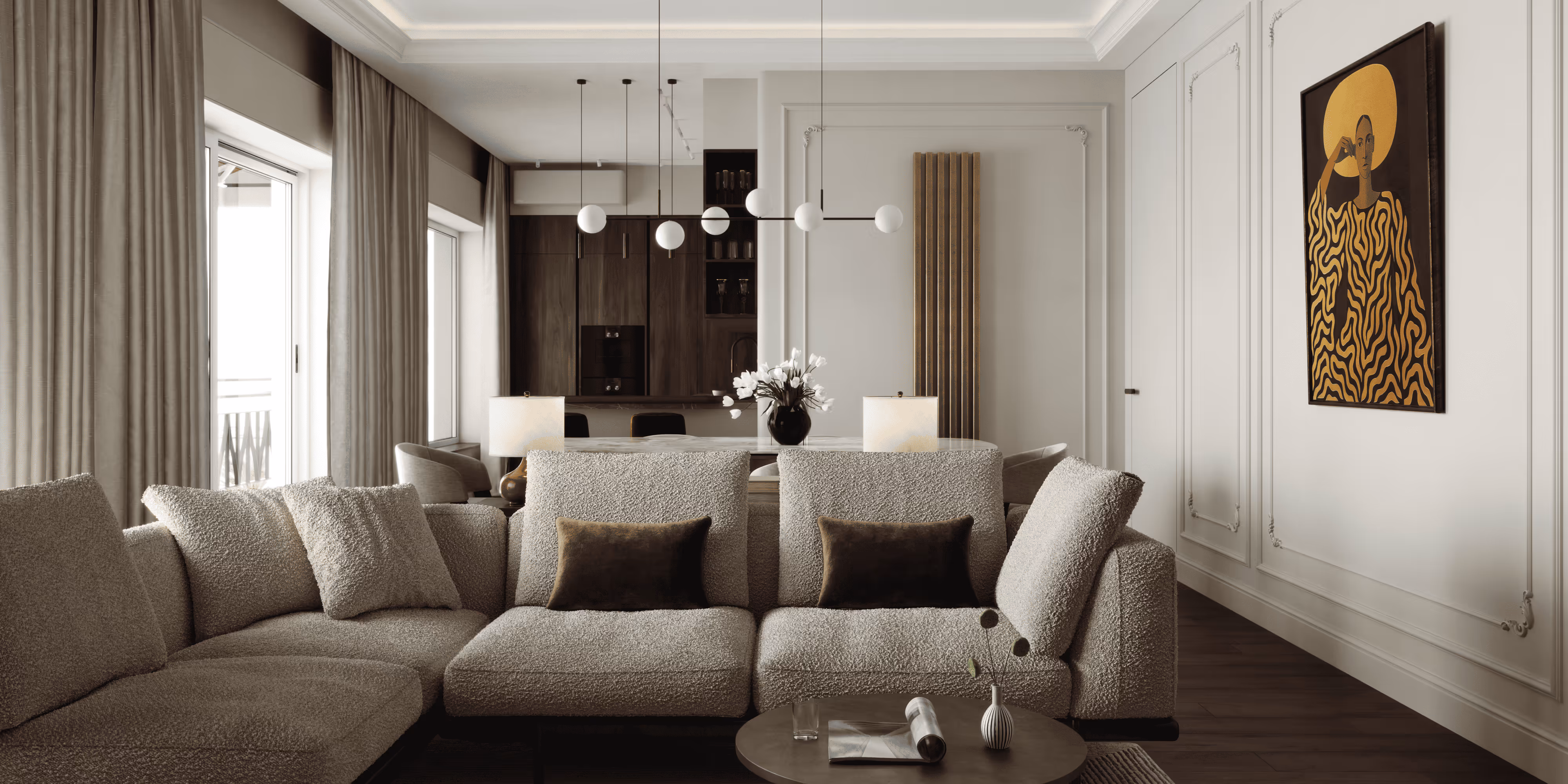 Modern living room with beige textured sectional sofa, dark brown cushions, round coffee table, pendant lights, and abstract yellow and black wall art.