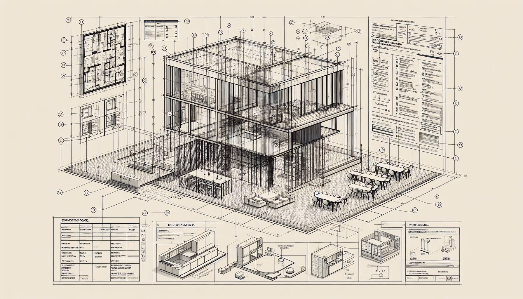 Architectural wireframe rendering of a modern two-story building with furniture layout and detailed construction notes.