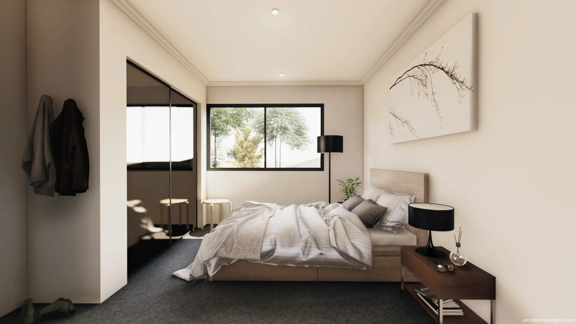 Modern bedroom with a beige wooden bed, striped bedding, black bedside lamps, a framed minimalist branch artwork, and a large window showing trees outside.