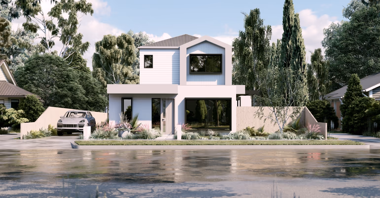 Modern two-story white house with large windows, surrounded by greenery and trees, with a parked car on the left driveway.