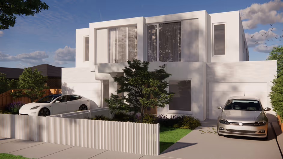 Modern two-story white house with large windows, a white fence, a silver car in the driveway, and a white car parked on a side ramp.