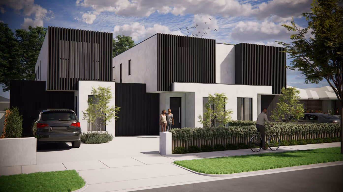 Modern two-story residential building with black vertical panels, front yard bushes, parked cars, and people standing and cycling nearby.